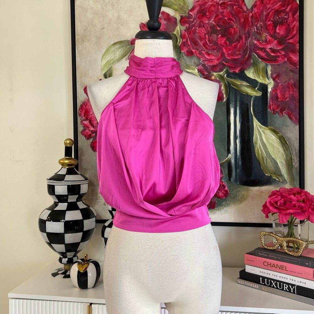 Kirundo Women's Satin Halter Sleeveless Tie Waist Crop Blouse Top Pink Small NWT